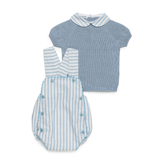 Conjunto bebé azul com jardineira às riscas - Juliana