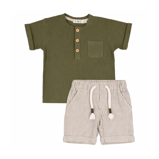 Conjunto bebé verde tropa com calção às riscas - EMC