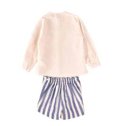 Conjunto menino com camisa e calção às riscas azuis - Cocote