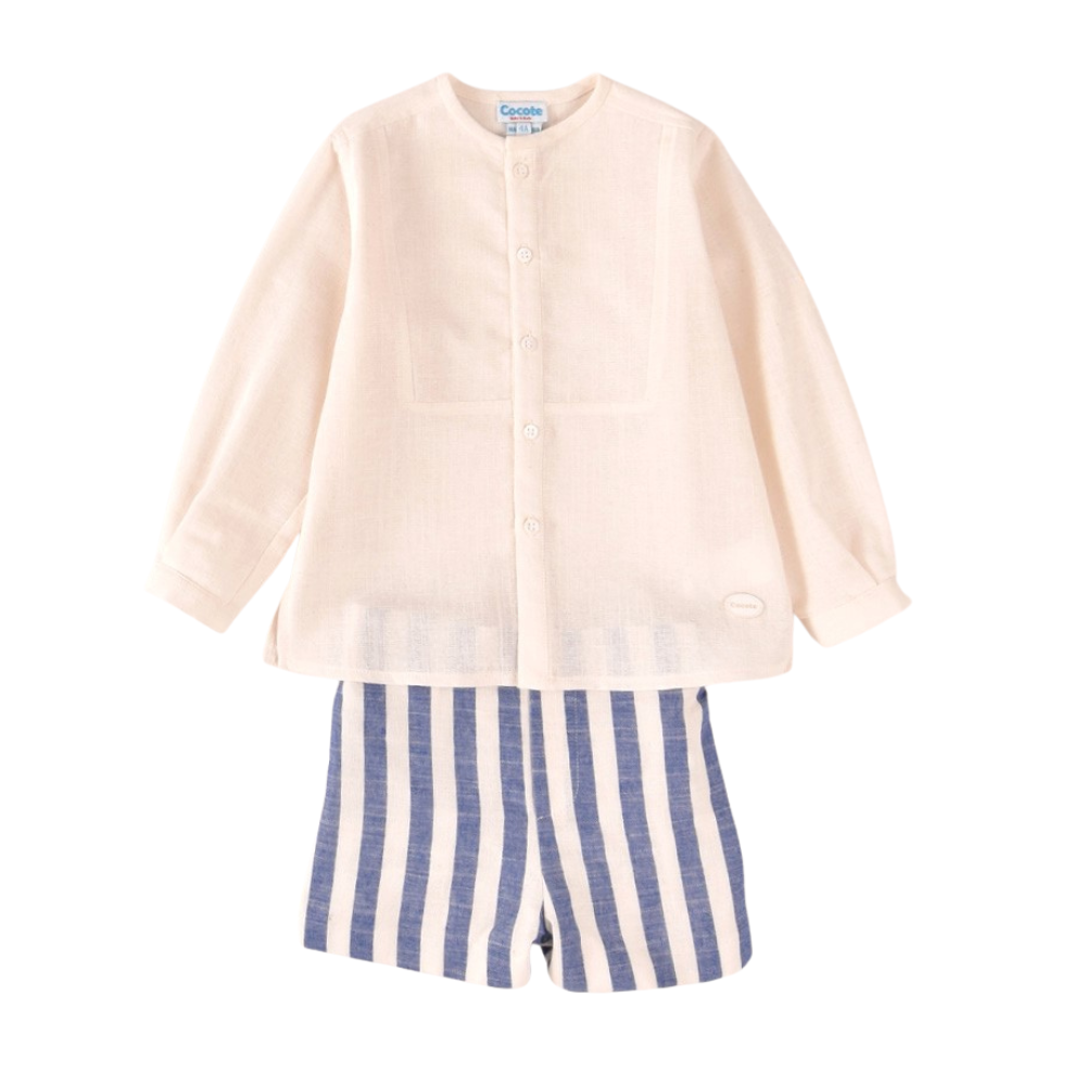 Conjunto menino com camisa e calção às riscas azuis - Cocote