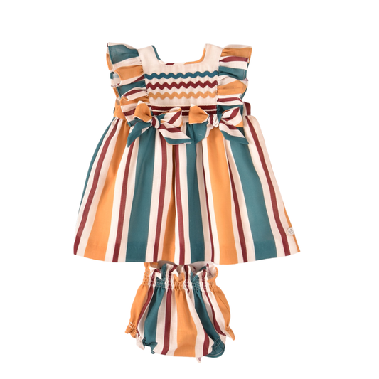 Vestido bebé às riscas multicolor com tapa-fralda - José Varón