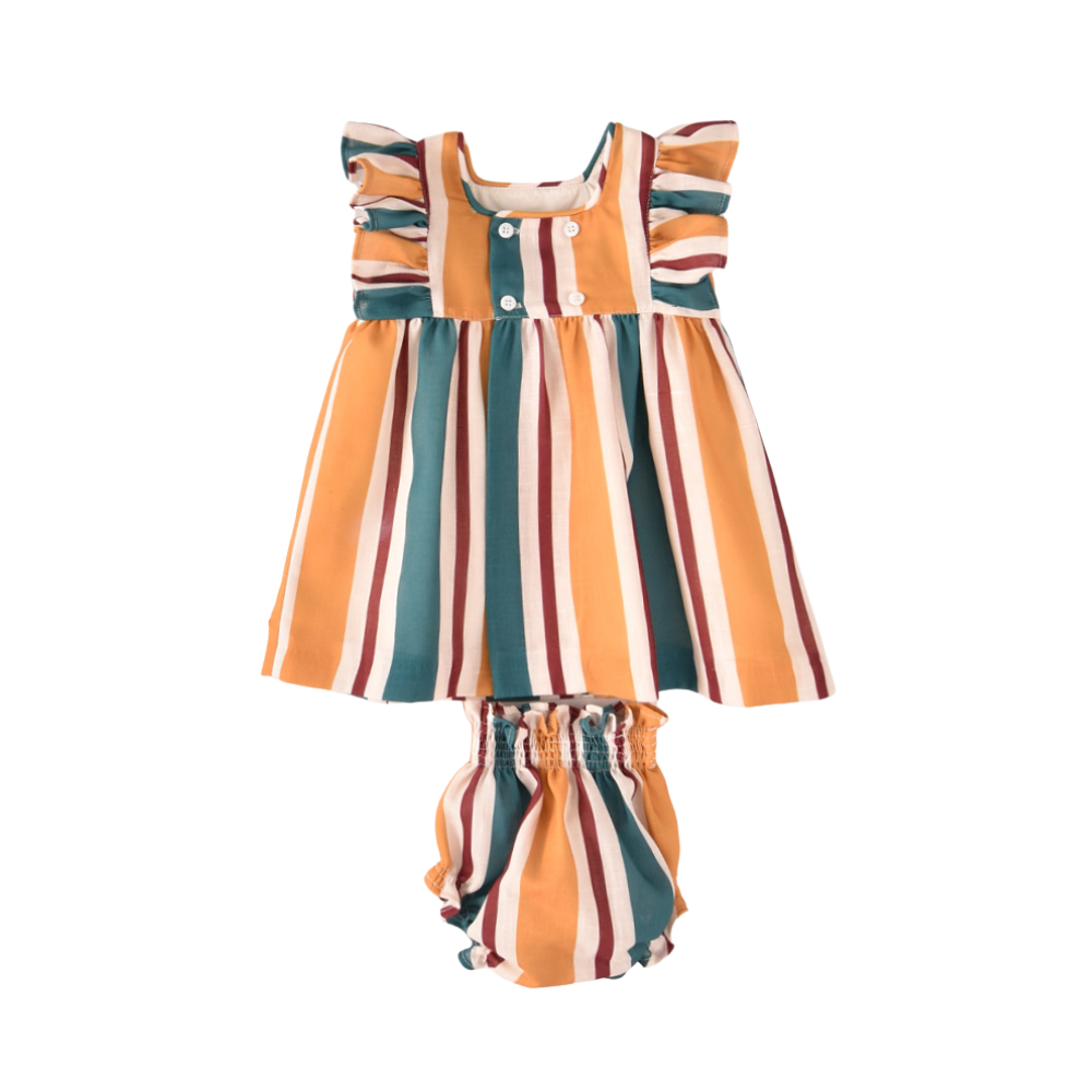 Vestido bebé às riscas multicolor com tapa-fralda - José Varón