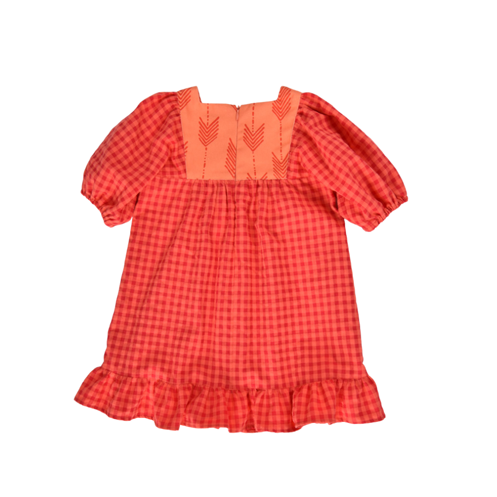 Vestido de menina xadrez coral com folho- José Varón