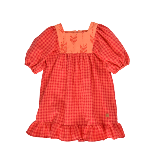 Vestido de menina xadrez coral com folho- José Varón