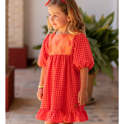 Vestido de menina xadrez coral com folho- José Varón