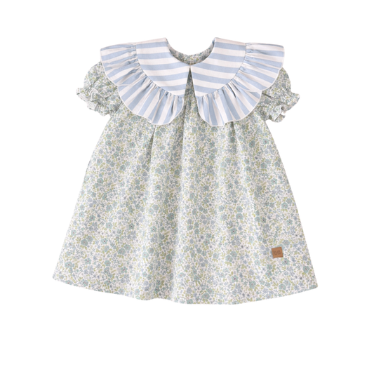 Vestido floral com gola às riscas azul - José Varón