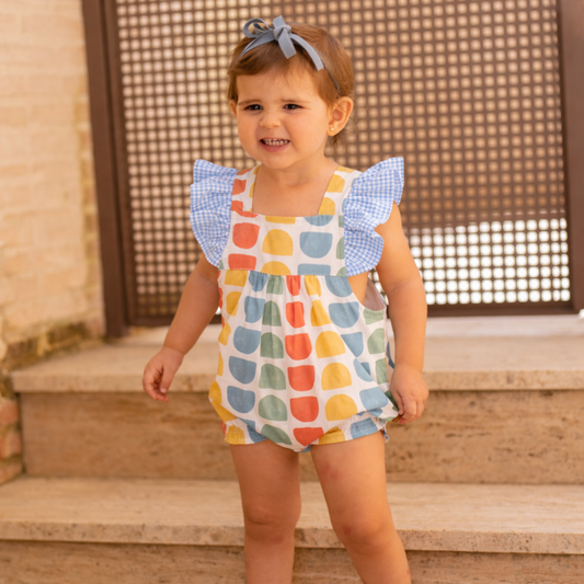 Fofo bebé estampado multicolor com folhos em xadrez azul- Cocote