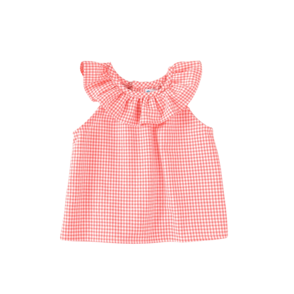 Blusa bebé xadrez vichy coral com folhos - Cocote