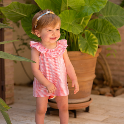 Blusa bebé xadrez vichy coral com folhos - Cocote