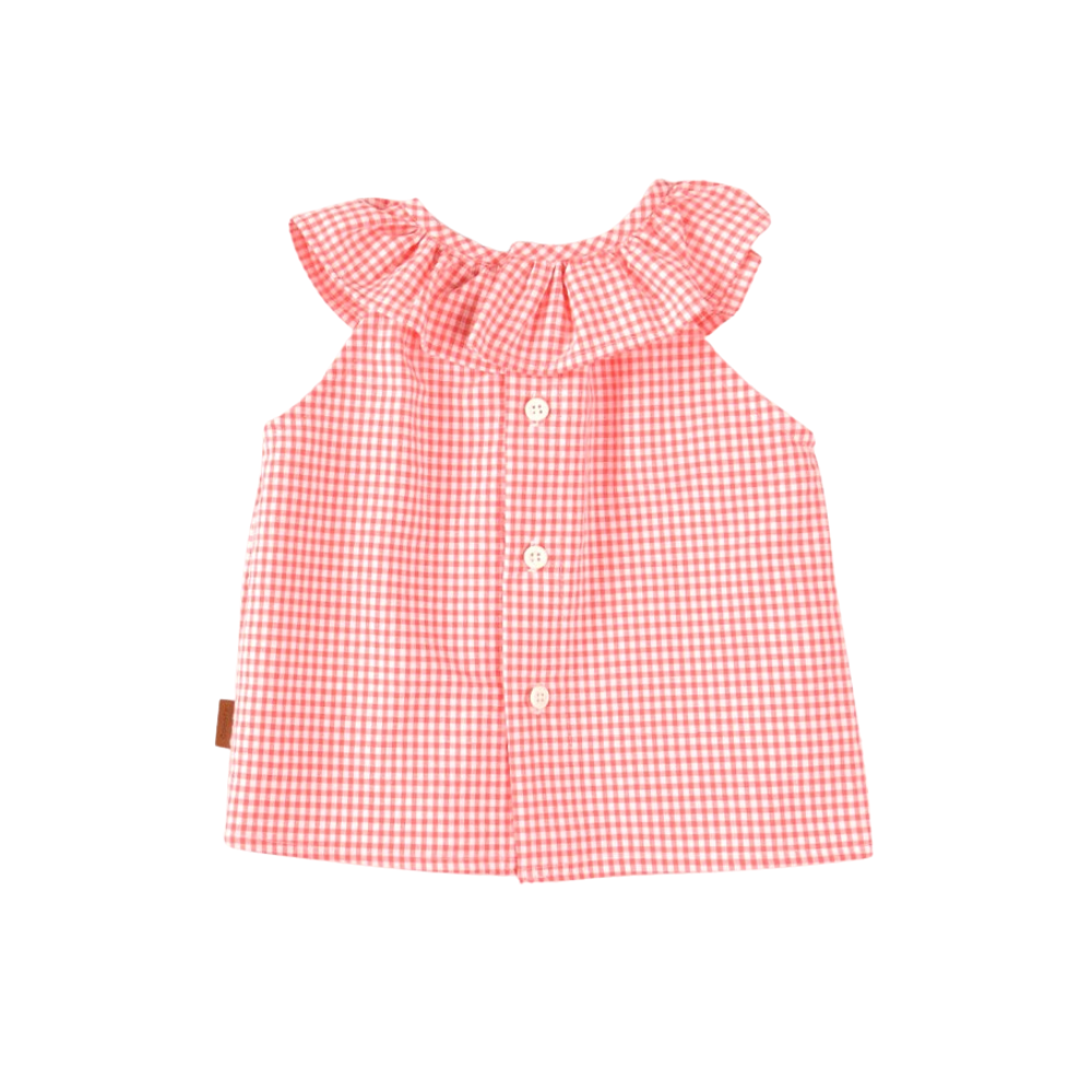 Blusa bebé xadrez vichy coral com folhos - Cocote
