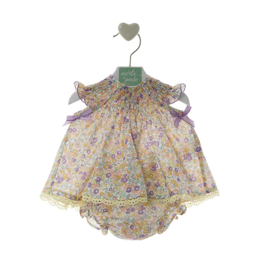 Vestido floral para bebé com tapa-fraldas e laços lilás - Marta Y Paula