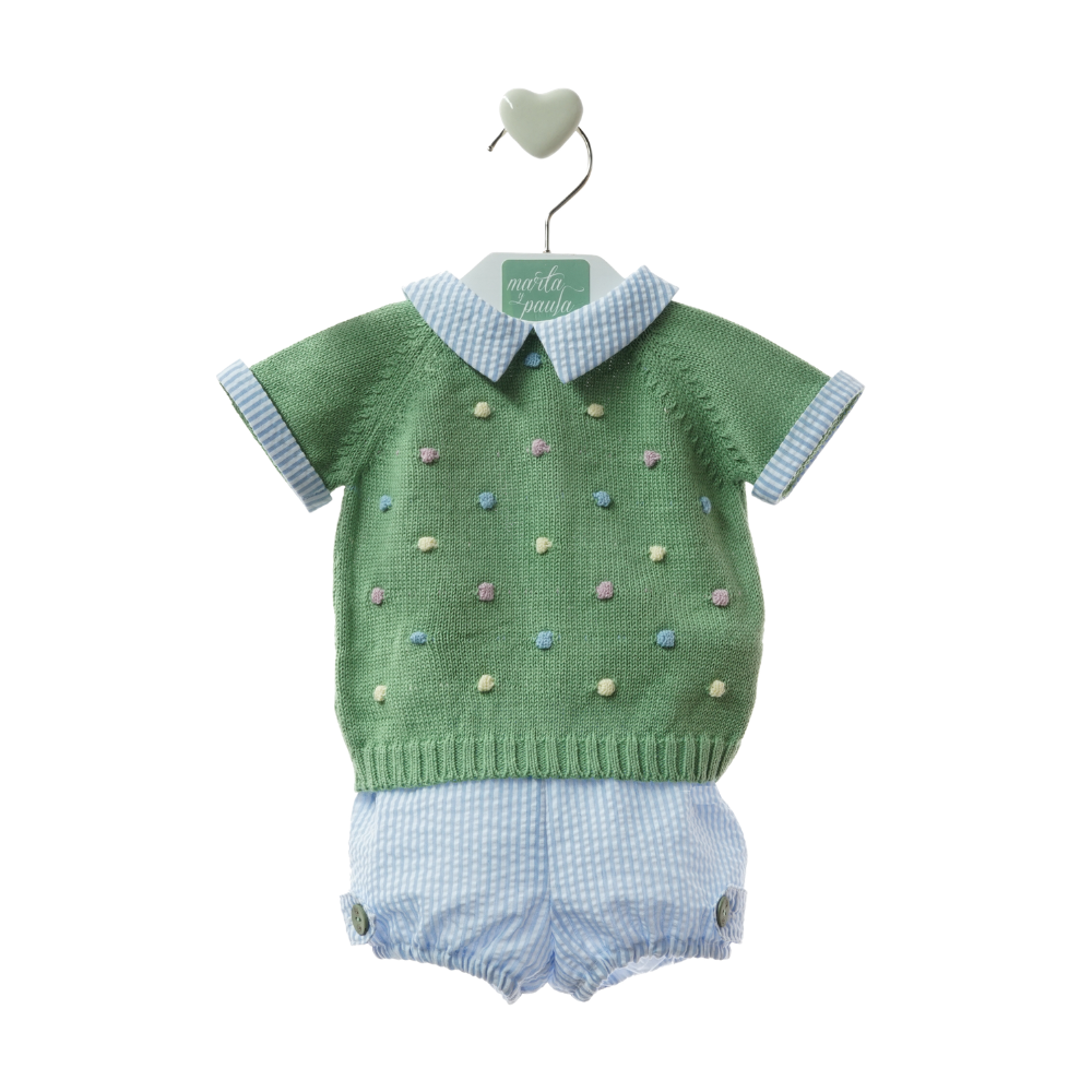 Conjunto de bebé em malha verde com calções às riscas- Marta Y Paula