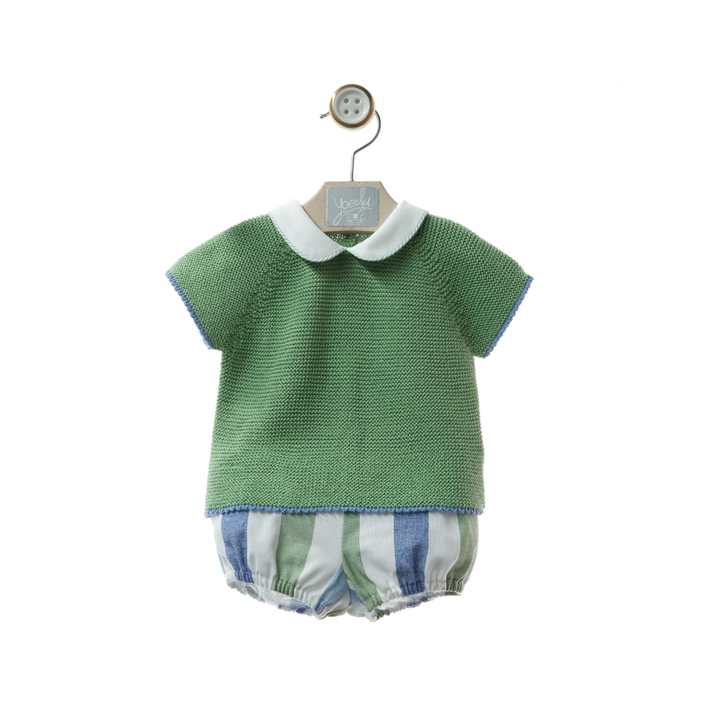 Conjunto de bebé em malha verde com calções às riscas - Yoedu