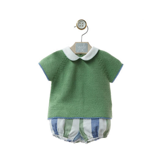 Conjunto de bebé em malha verde com calções às riscas - Yoedu