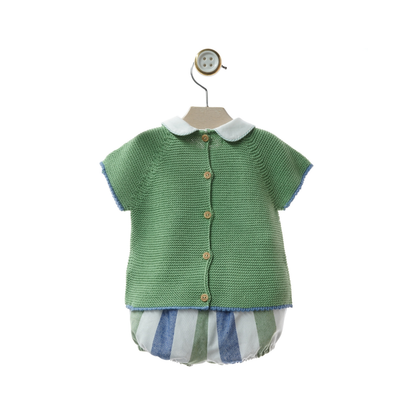 Conjunto de bebé em malha verde com calções às riscas - Yoedu
