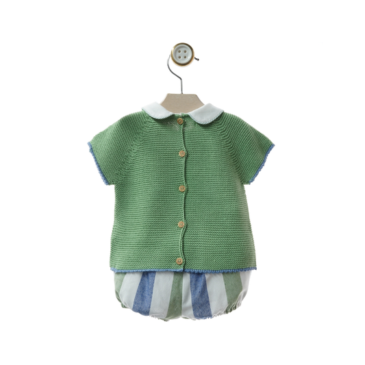 Conjunto de bebé em malha verde com calções às riscas - Yoedu