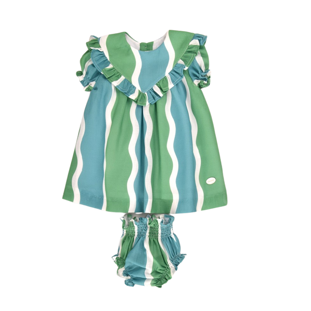 Vestido com tapa-fraldas às riscas verde e azul - Cocote