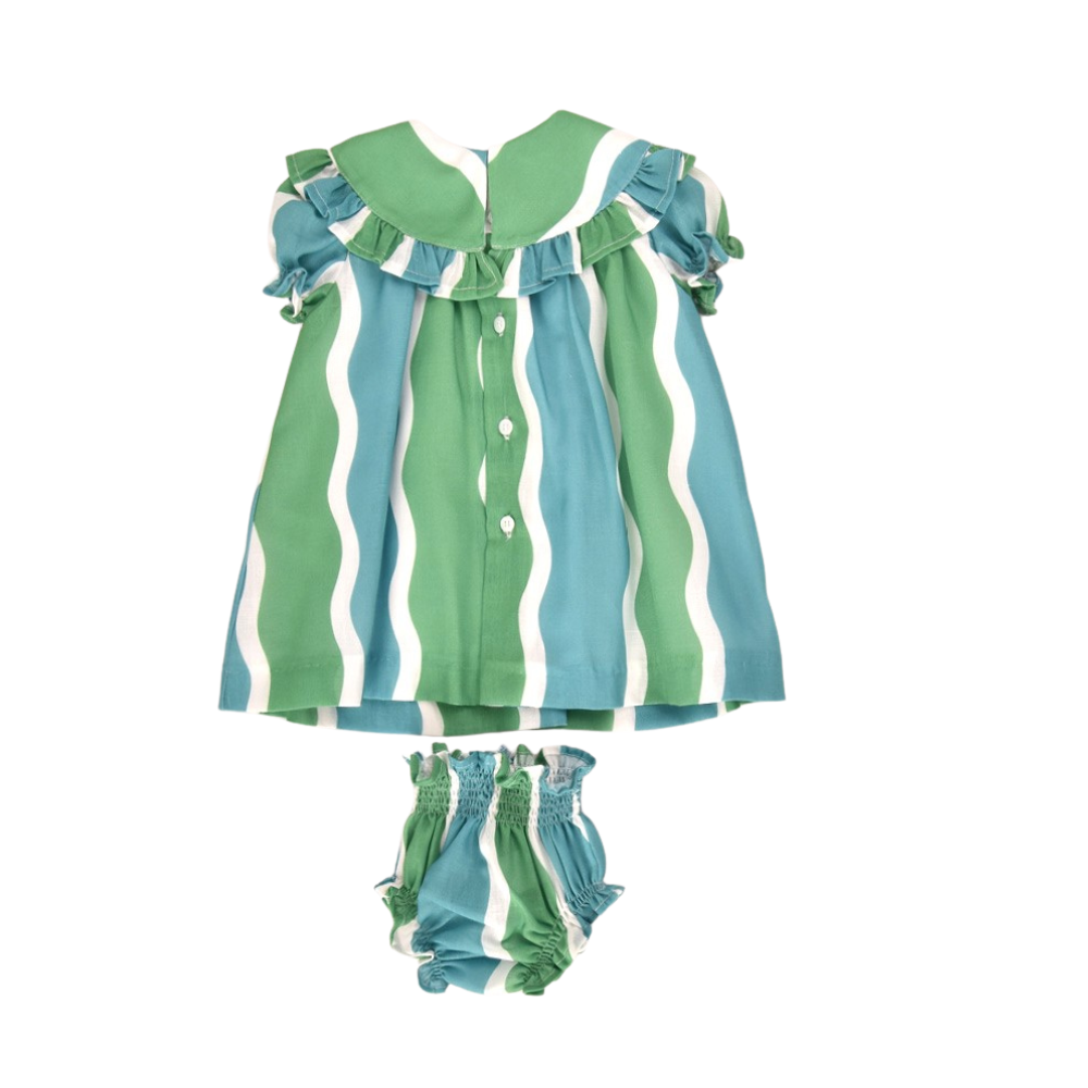 Vestido com tapa-fraldas às riscas verde e azul - Cocote