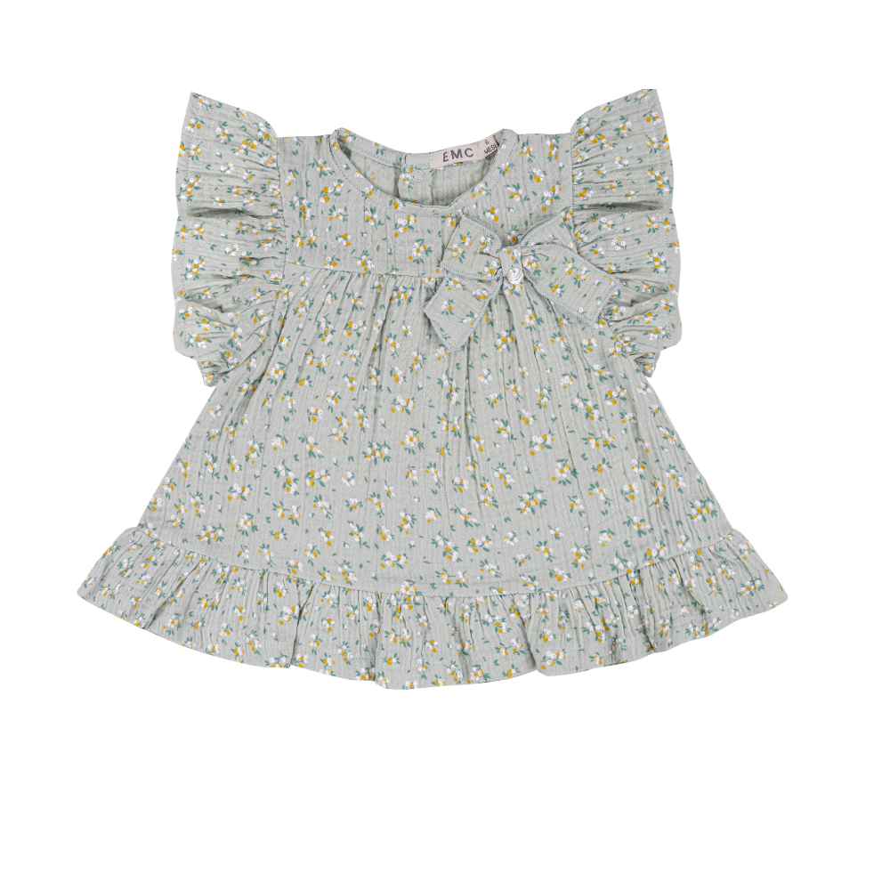 Vestido floral de bebé verde seco com laço - EMC