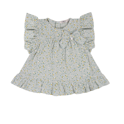 Vestido floral de bebé verde seco com laço - EMC