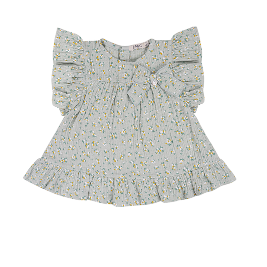 Vestido floral de bebé verde seco com laço - EMC