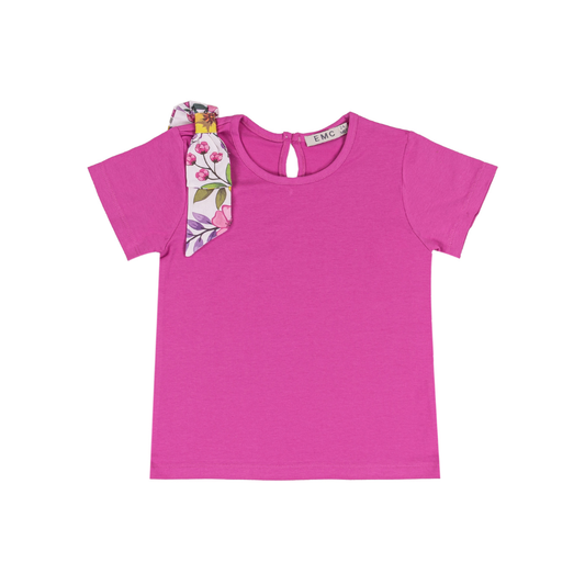 T-shirt de menina fúcsia com laço floral - EMC