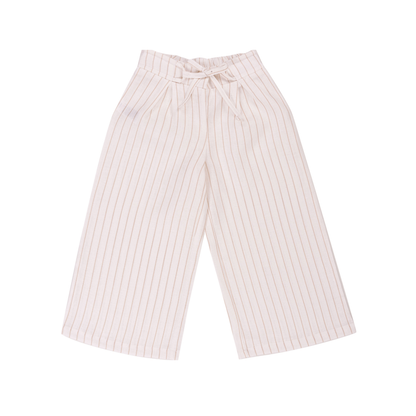Calças largas de linho branco às riscas bege- EMC