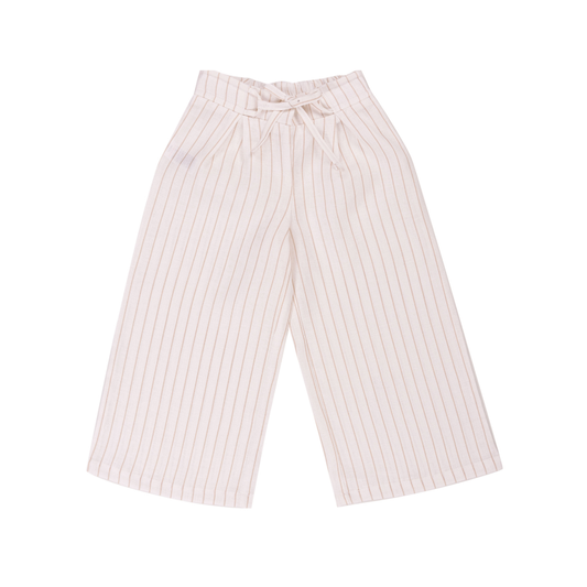 Calças largas de linho branco às riscas bege- EMC