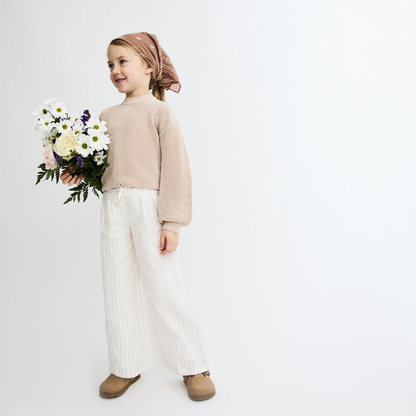 Calças largas de linho branco às riscas bege- EMC