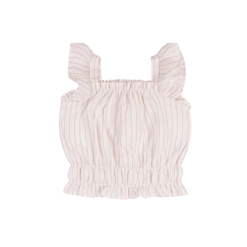 Top de linho branco às riscas bege- EMC