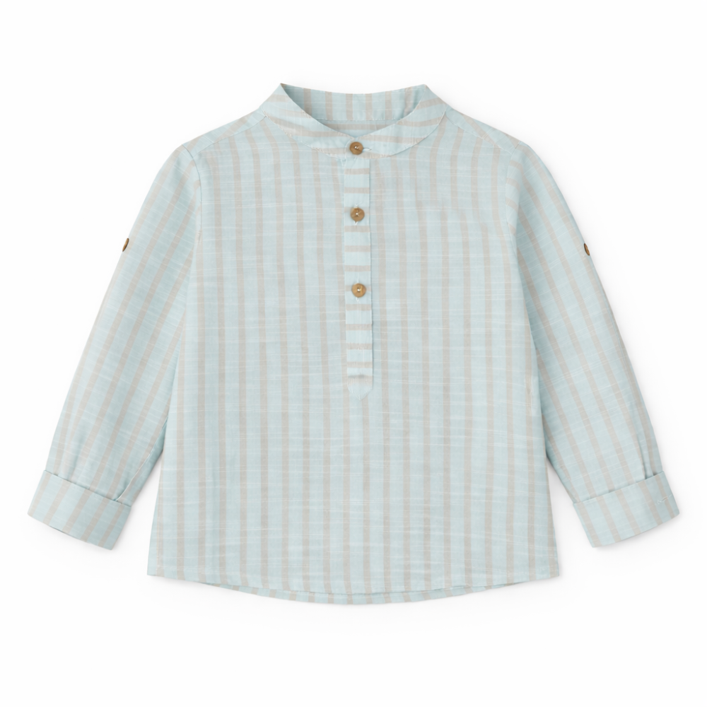 Camisa de menino azul água às riscas bege
