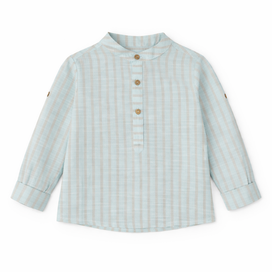 Camisa de menino azul água às riscas bege
