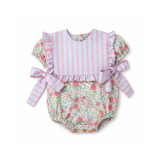 Fofo floral com peitilho às riscas rosa e azul
