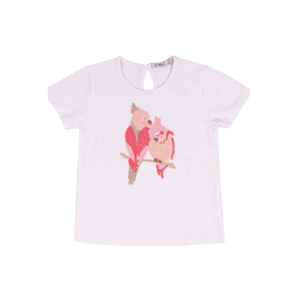 T-shirt Branca com Papagaios em Lantejoulas- EMC