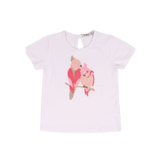 T-shirt Branca com Papagaios em Lantejoulas- EMC