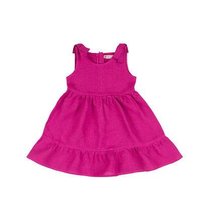 Vestido Infantil em Linho Rosa Forte com Laços nos Ombros - EMC