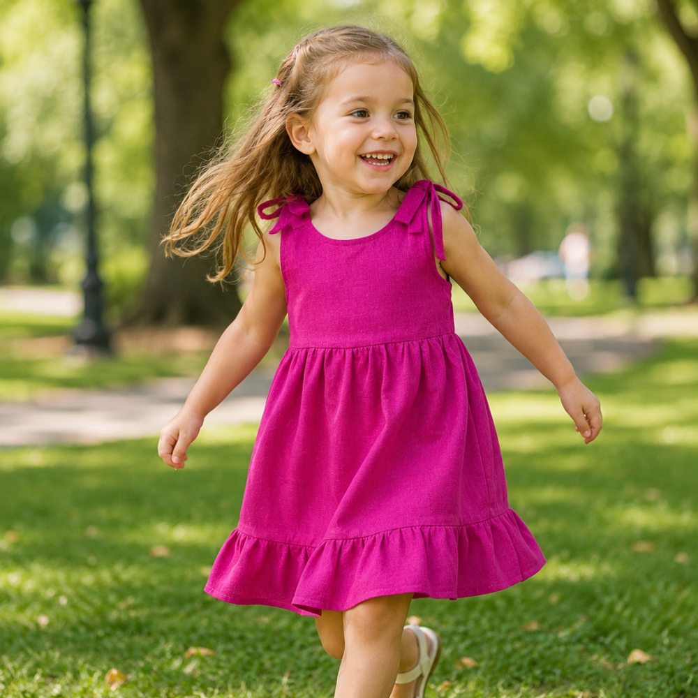 Vestido Infantil em Linho Rosa Forte com Laços nos Ombros - EMC