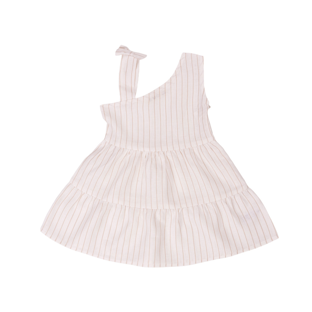 Vestido Infantil em Linho às Riscas com Laço no Ombro - EMC