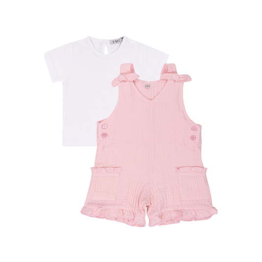 Conjunto Infantil com Macacão Rosa e T-shirt Branca - EMC