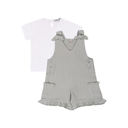 Conjunto Infantil com Macacão Verde Água e T-shirt Branca - EMC
