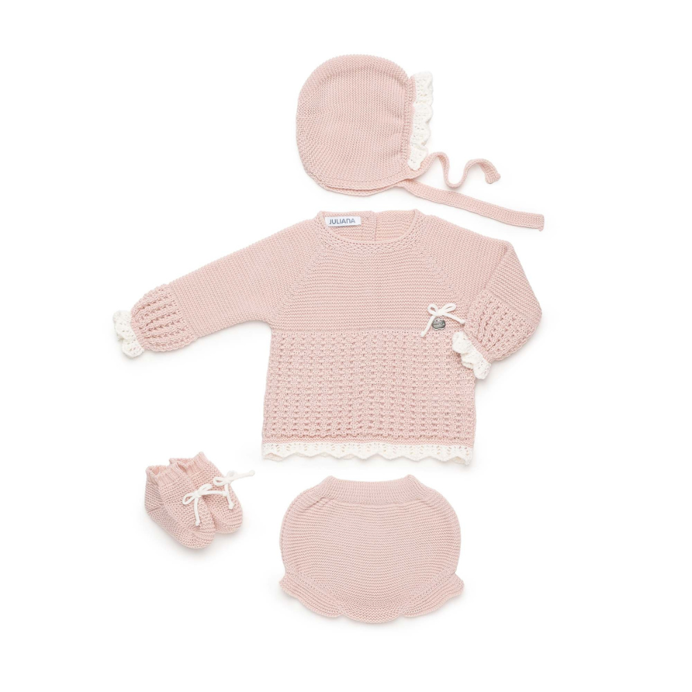 Conjunto de Malha Rosa para Bebé com Touca – Juliana
