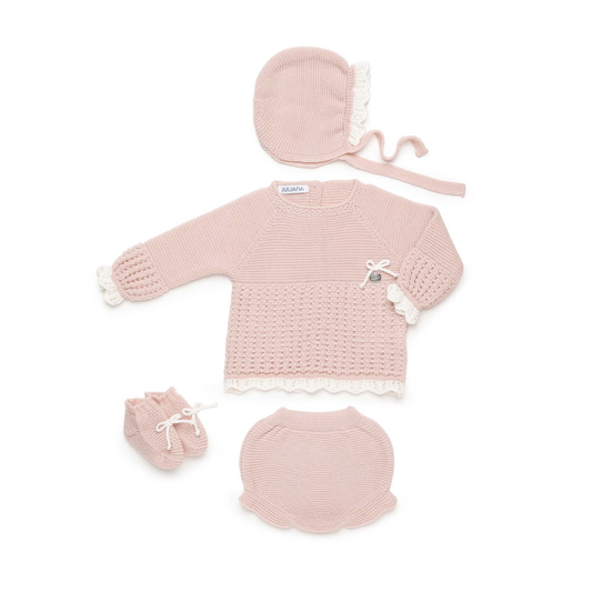 Conjunto de Malha Rosa para Bebé com Touca – Juliana