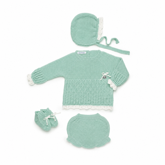 Conjunto de Malha Verde-Água para Bebé com Touca – Juliana