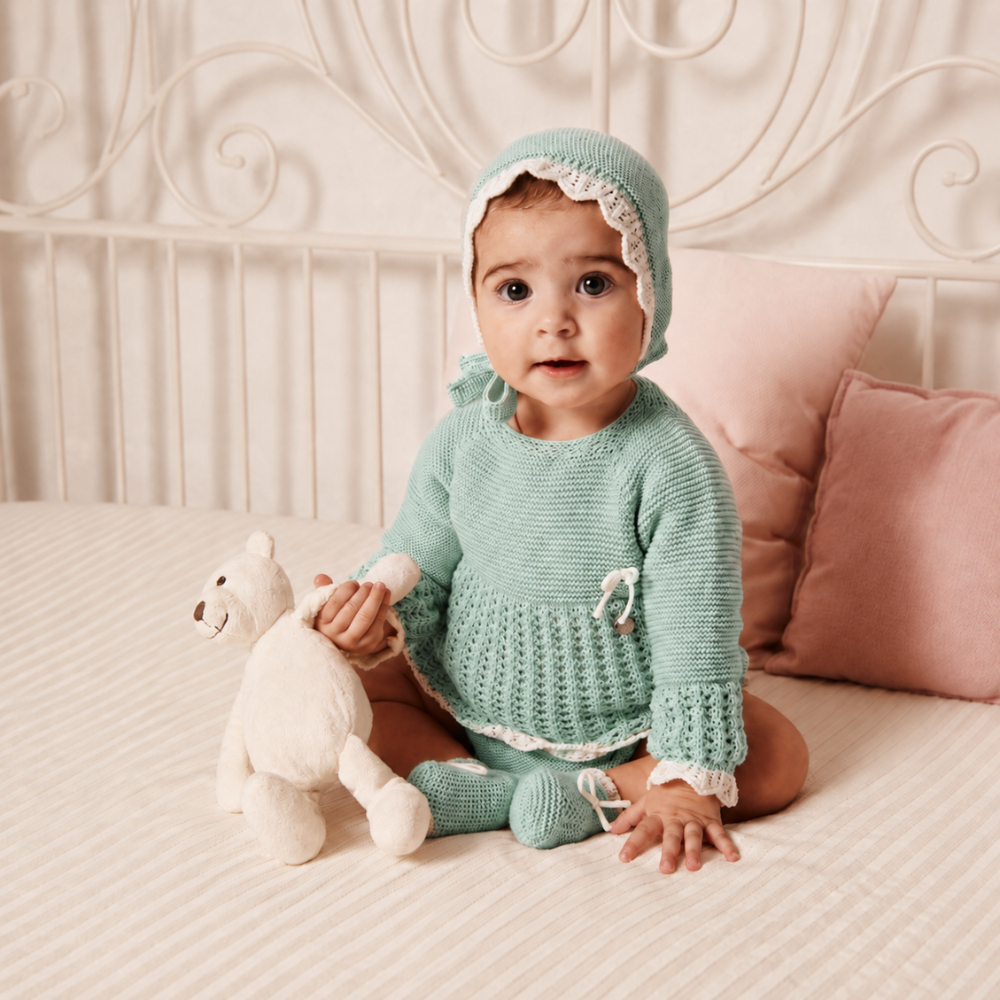 Conjunto de Malha Verde-Água para Bebé com Touca – Juliana
