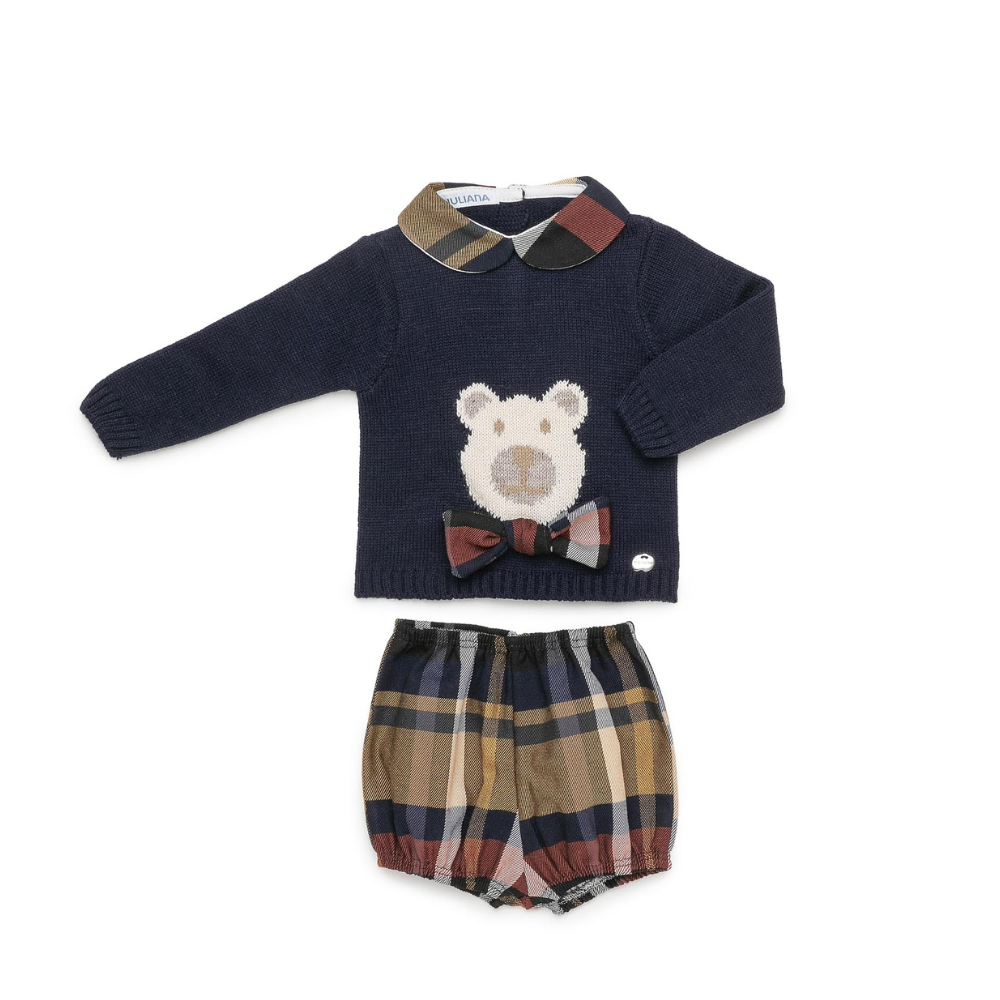 Conjunto para Bebé Azul-Marinho com Ursinho e Xadrez – Juliana