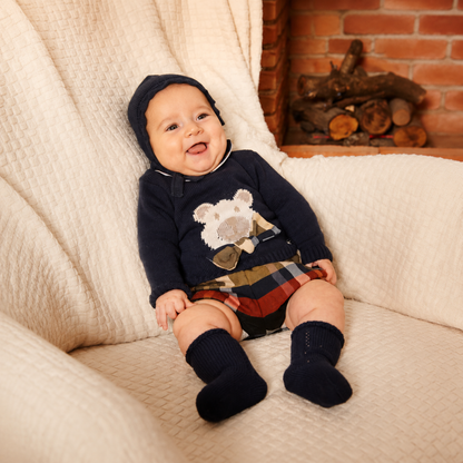 Conjunto para Bebé Azul-Marinho com Ursinho e Xadrez – Juliana