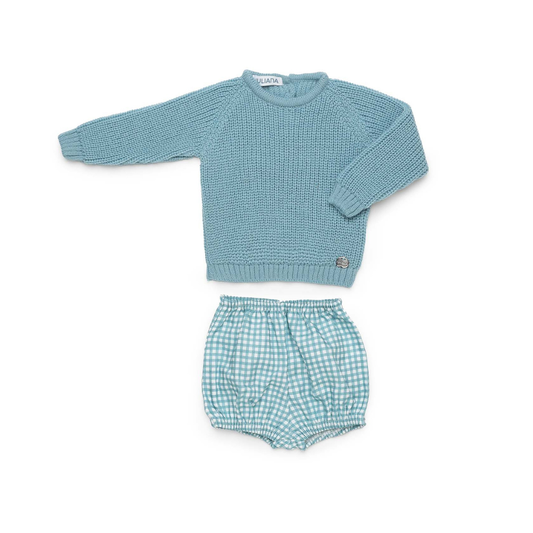Conjunto de Bebé em Malha e Xadrez Azul - Juliana