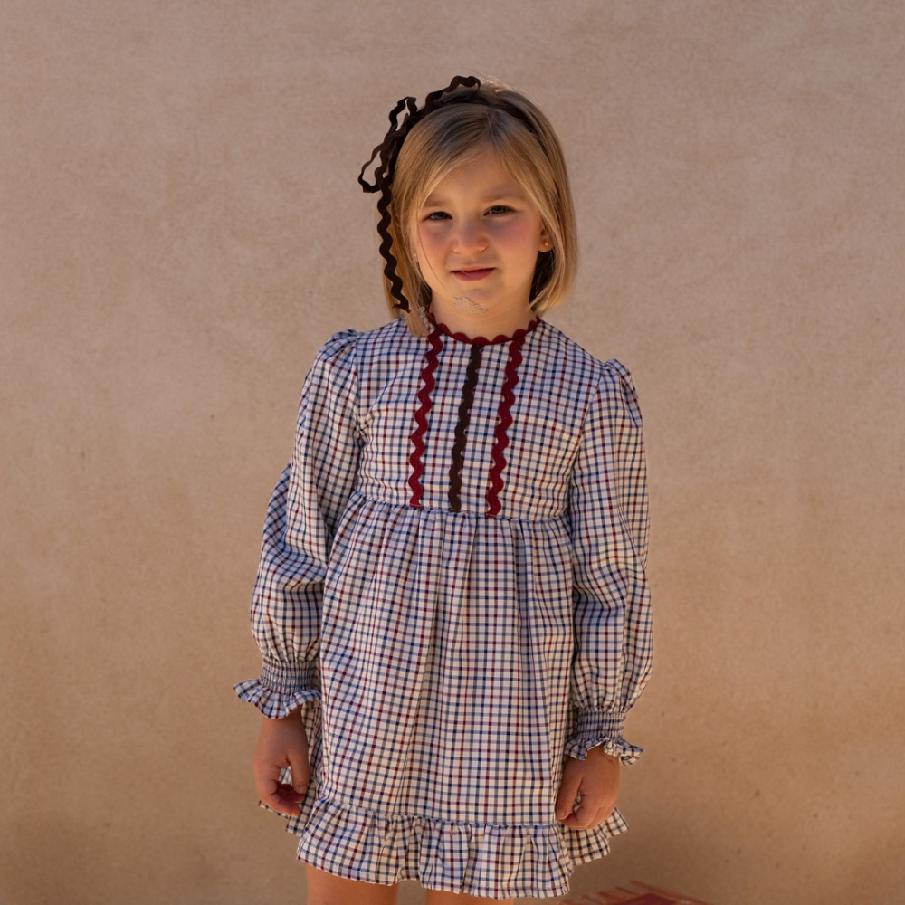 Vestido Xadrez com Detalhes Bordô - Cocote