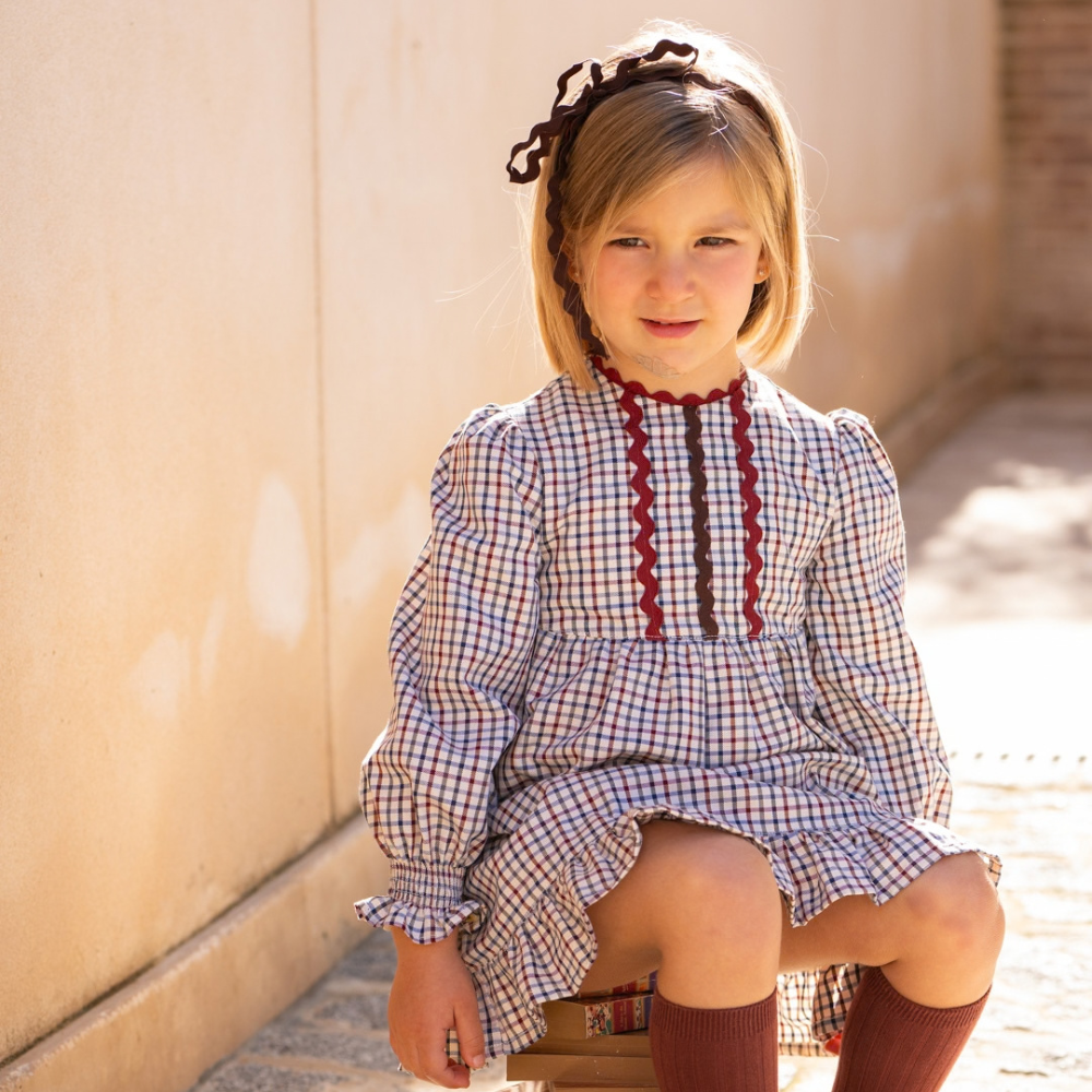 Vestido Xadrez com Detalhes Bordô - Cocote