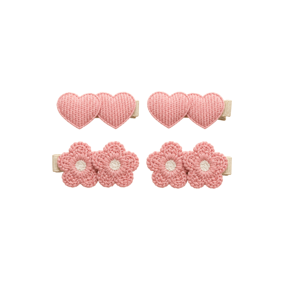 Conjunto de 4 Ganchos de Cabelo Rosa com Corações e Flores